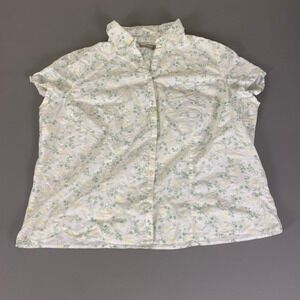 Croft & Barrow Floral Button Down‎ Shirt Top Blouse 2X White Green Short Sleeve